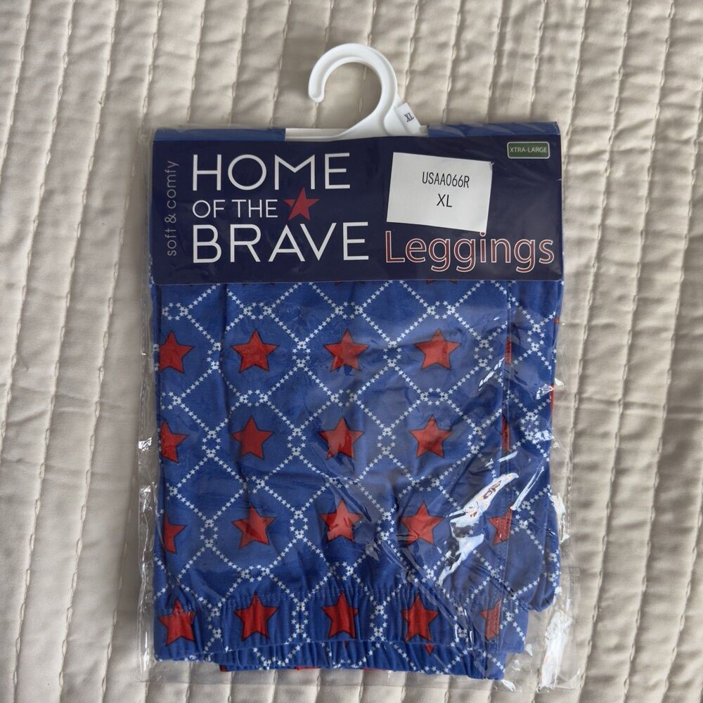 Women’s Home of The Brave Patriotic Red White & Blue Stars Leggings XL USA